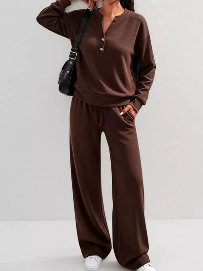 Button Detail Dropped Shoulder Top and Pants Set - Bitsy Gypsy Boutique