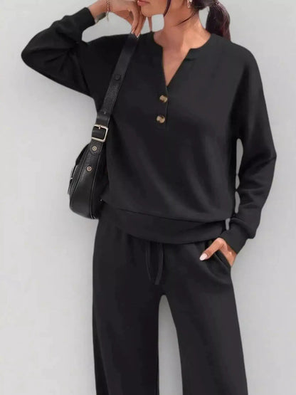 Button Detail Dropped Shoulder Top and Pants Set - Bitsy Gypsy Boutique