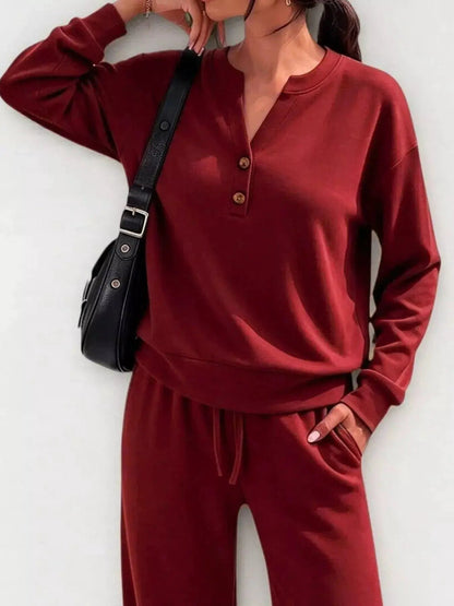 Button Detail Dropped Shoulder Top and Pants Set - Bitsy Gypsy Boutique