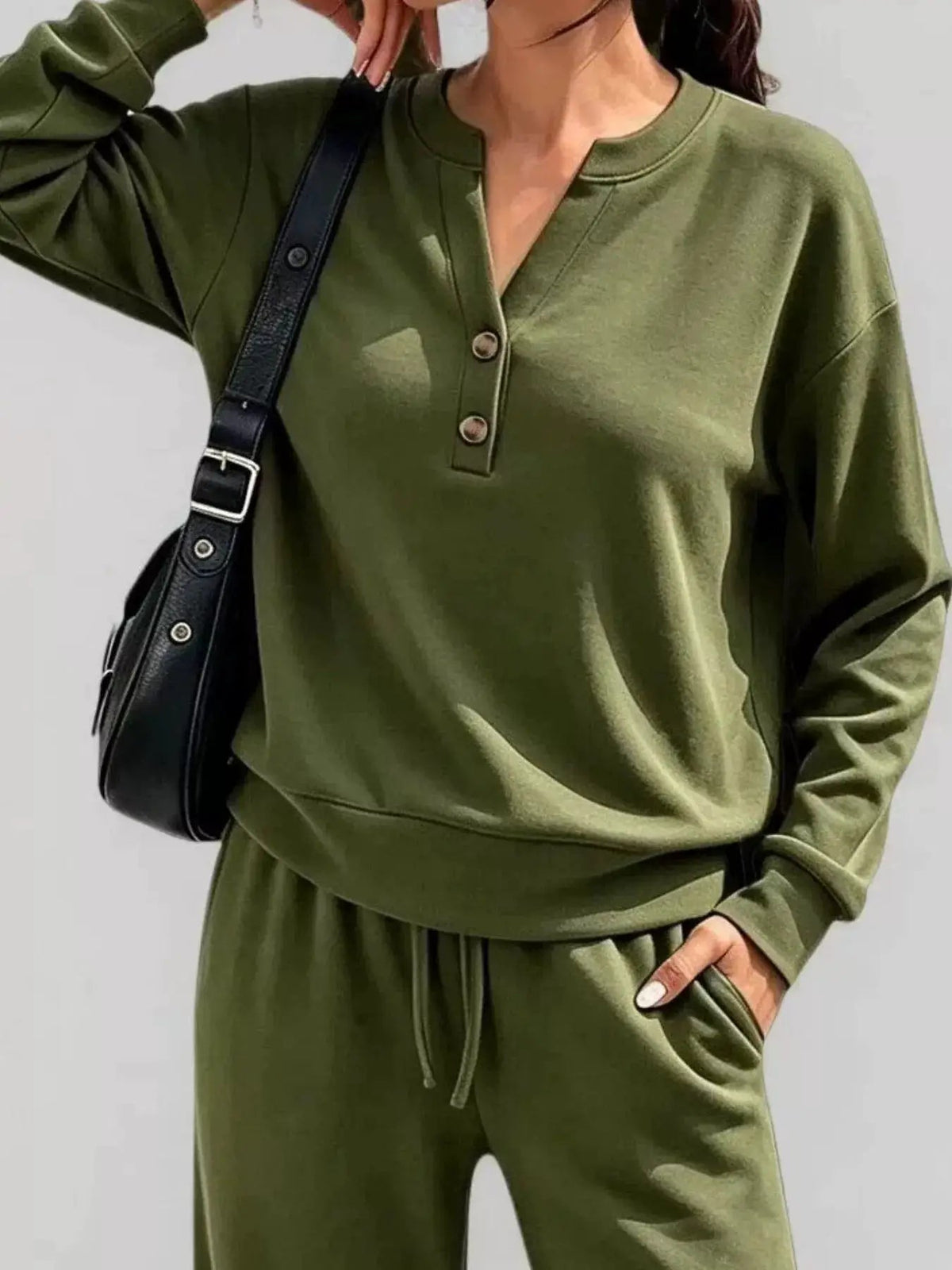 Button Detail Dropped Shoulder Top and Pants Set - Bitsy Gypsy Boutique