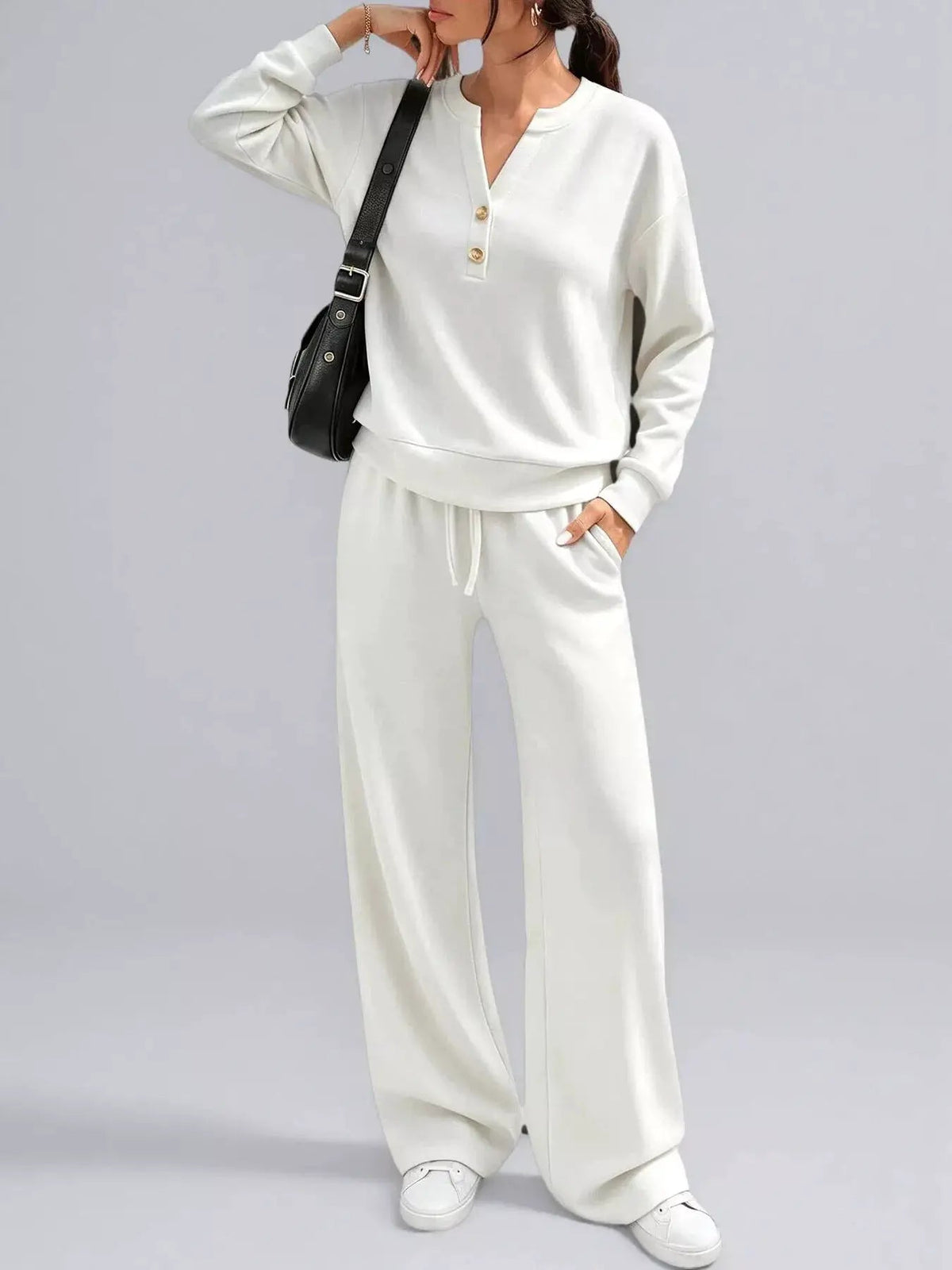 Button Detail Dropped Shoulder Top and Pants Set - Bitsy Gypsy Boutique