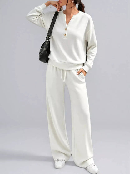 Button Detail Dropped Shoulder Top and Pants Set - Bitsy Gypsy Boutique