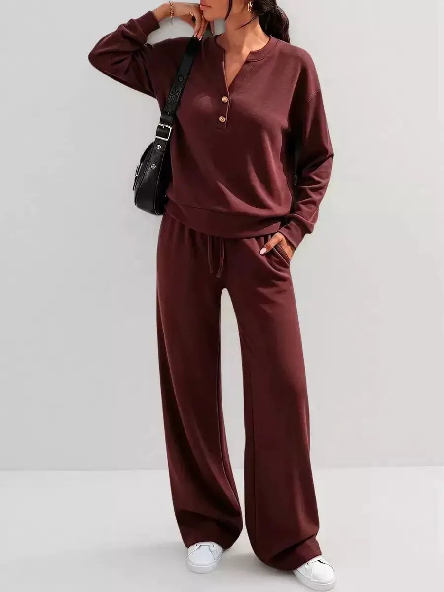 Button Detail Dropped Shoulder Top and Pants Set - Bitsy Gypsy Boutique