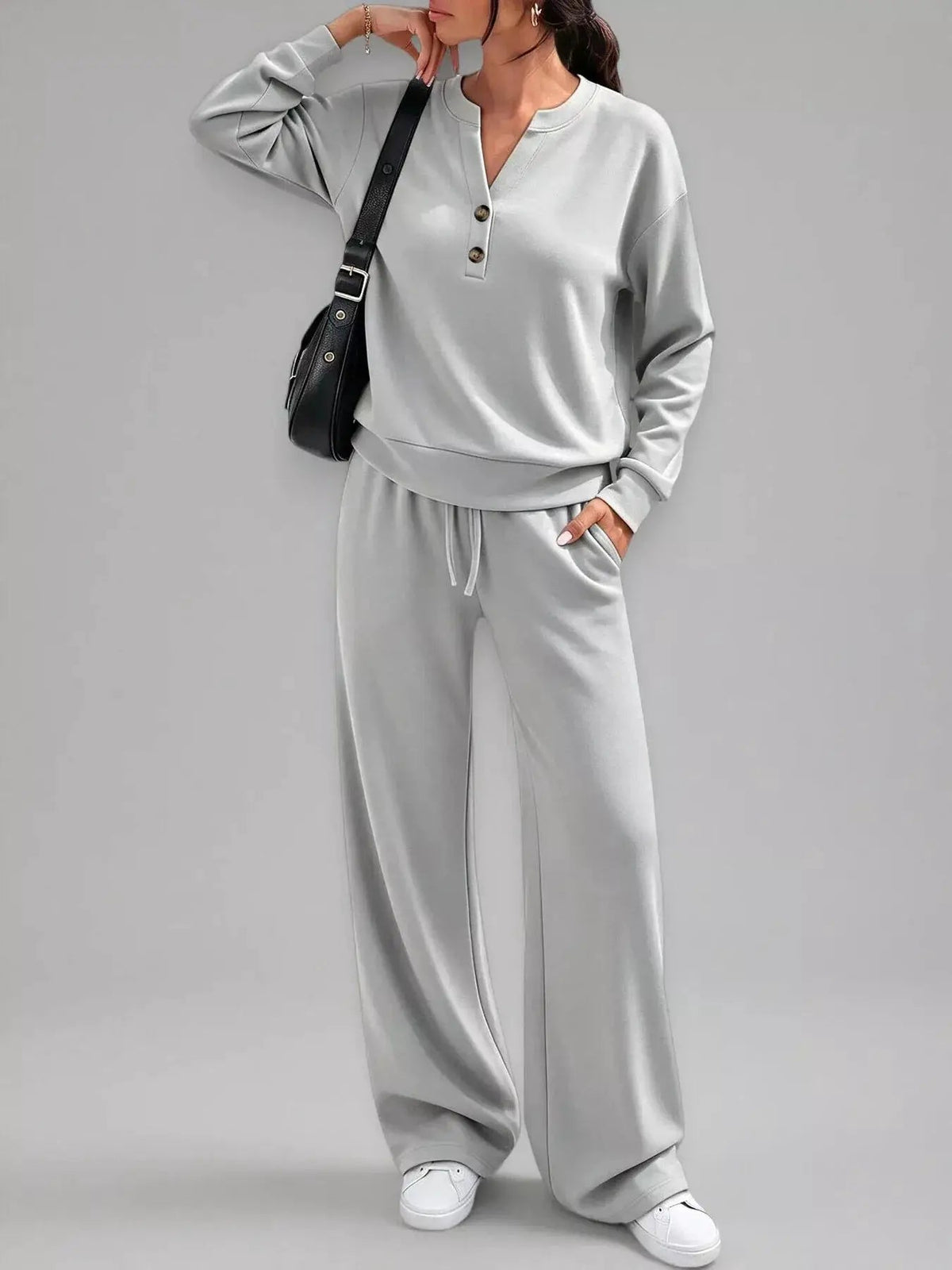 Button Detail Dropped Shoulder Top and Pants Set - Bitsy Gypsy Boutique
