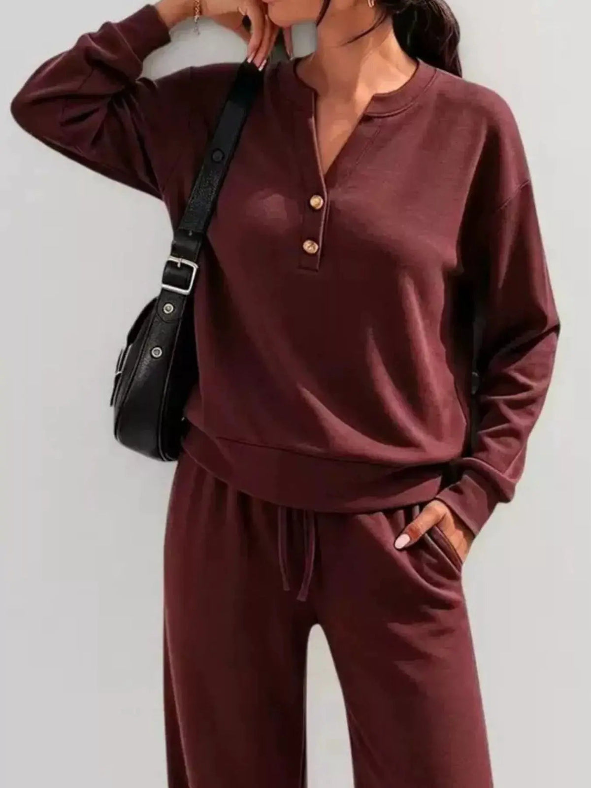 Button Detail Dropped Shoulder Top and Pants Set - Bitsy Gypsy Boutique