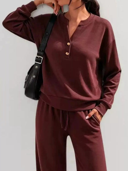 Button Detail Dropped Shoulder Top and Pants Set - Bitsy Gypsy Boutique