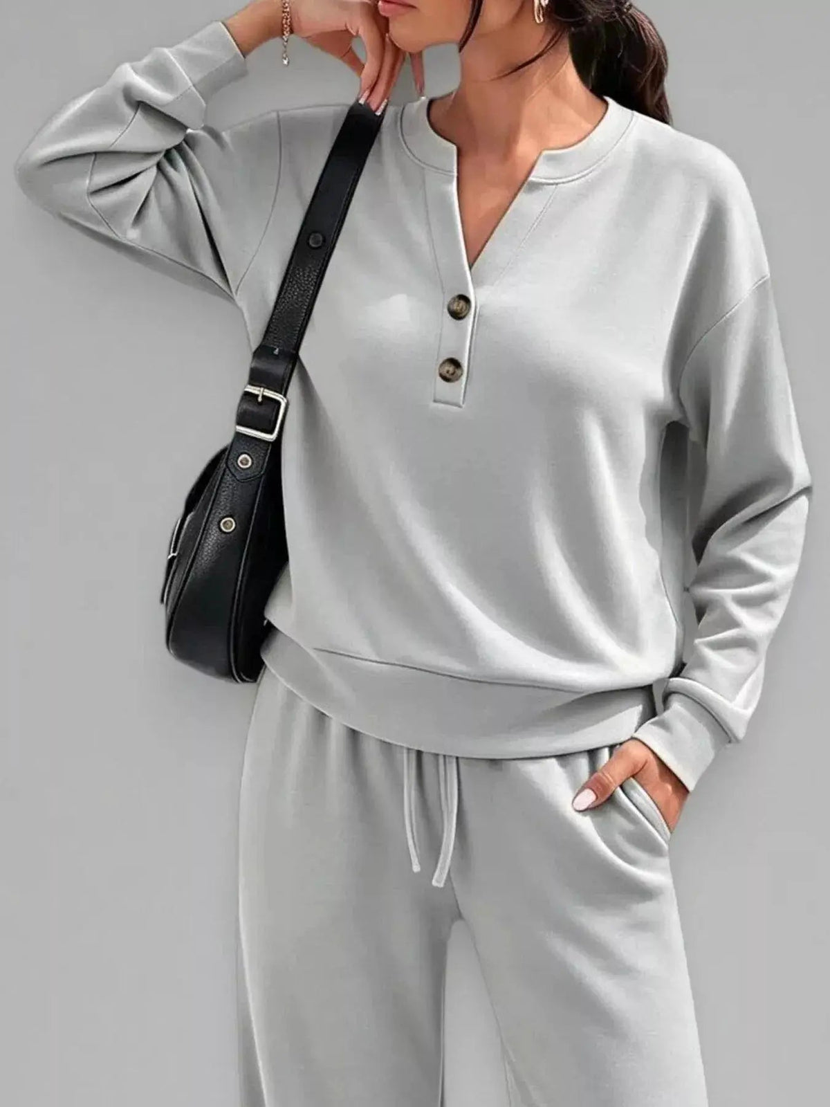 Button Detail Dropped Shoulder Top and Pants Set - Bitsy Gypsy Boutique