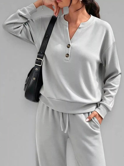 Button Detail Dropped Shoulder Top and Pants Set - Bitsy Gypsy Boutique