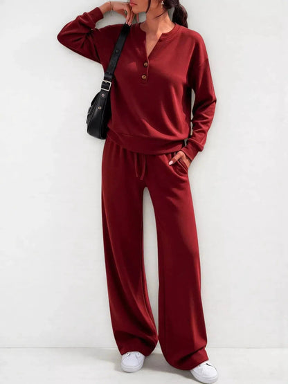 Button Detail Dropped Shoulder Top and Pants Set - Bitsy Gypsy Boutique