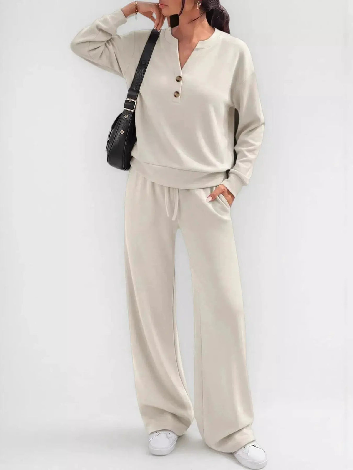 Button Detail Dropped Shoulder Top and Pants Set - Bitsy Gypsy Boutique