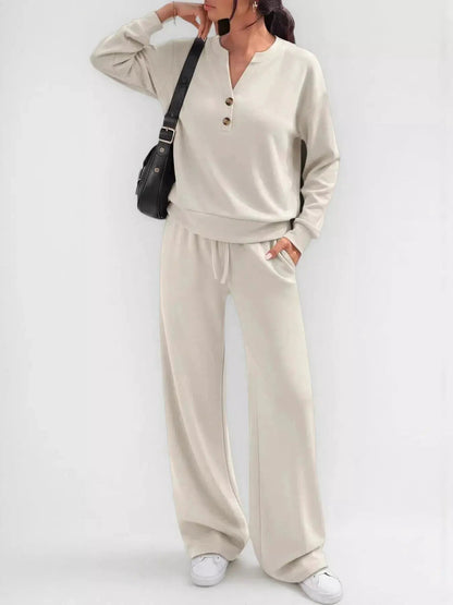Button Detail Dropped Shoulder Top and Pants Set - Bitsy Gypsy Boutique