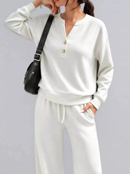 Button Detail Dropped Shoulder Top and Pants Set - Bitsy Gypsy Boutique