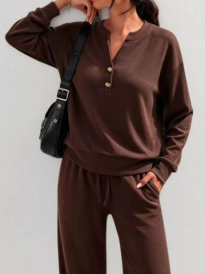 Button Detail Dropped Shoulder Top and Pants Set - Bitsy Gypsy Boutique