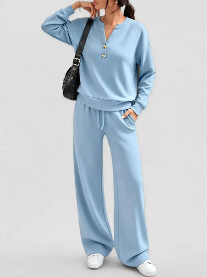 Button Detail Dropped Shoulder Top and Pants Set - Bitsy Gypsy Boutique