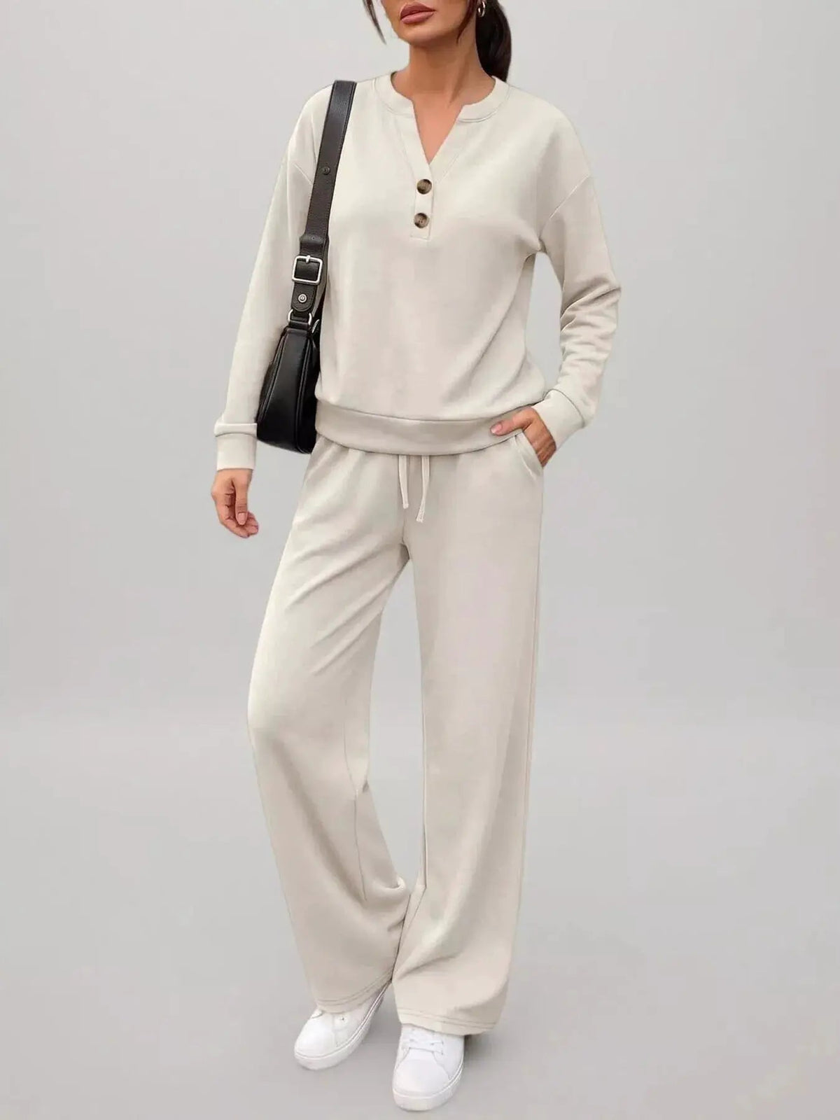 Button Detail Dropped Shoulder Top and Pants Set - Bitsy Gypsy Boutique