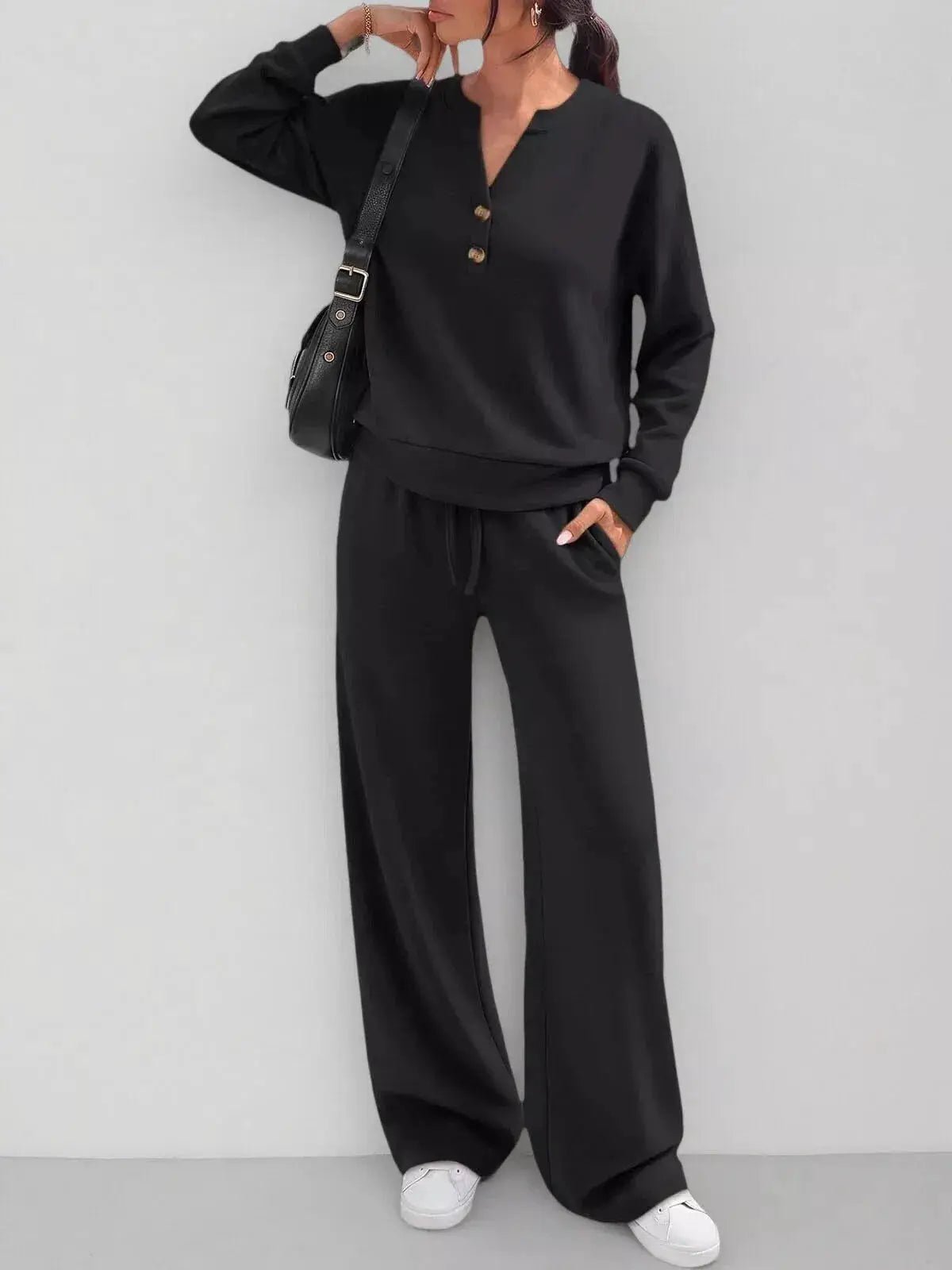 Button Detail Dropped Shoulder Top and Pants Set - Bitsy Gypsy Boutique