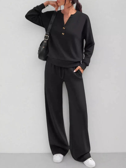 Button Detail Dropped Shoulder Top and Pants Set - Bitsy Gypsy Boutique