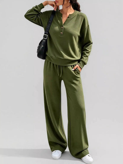 Button Detail Dropped Shoulder Top and Pants Set - Bitsy Gypsy Boutique