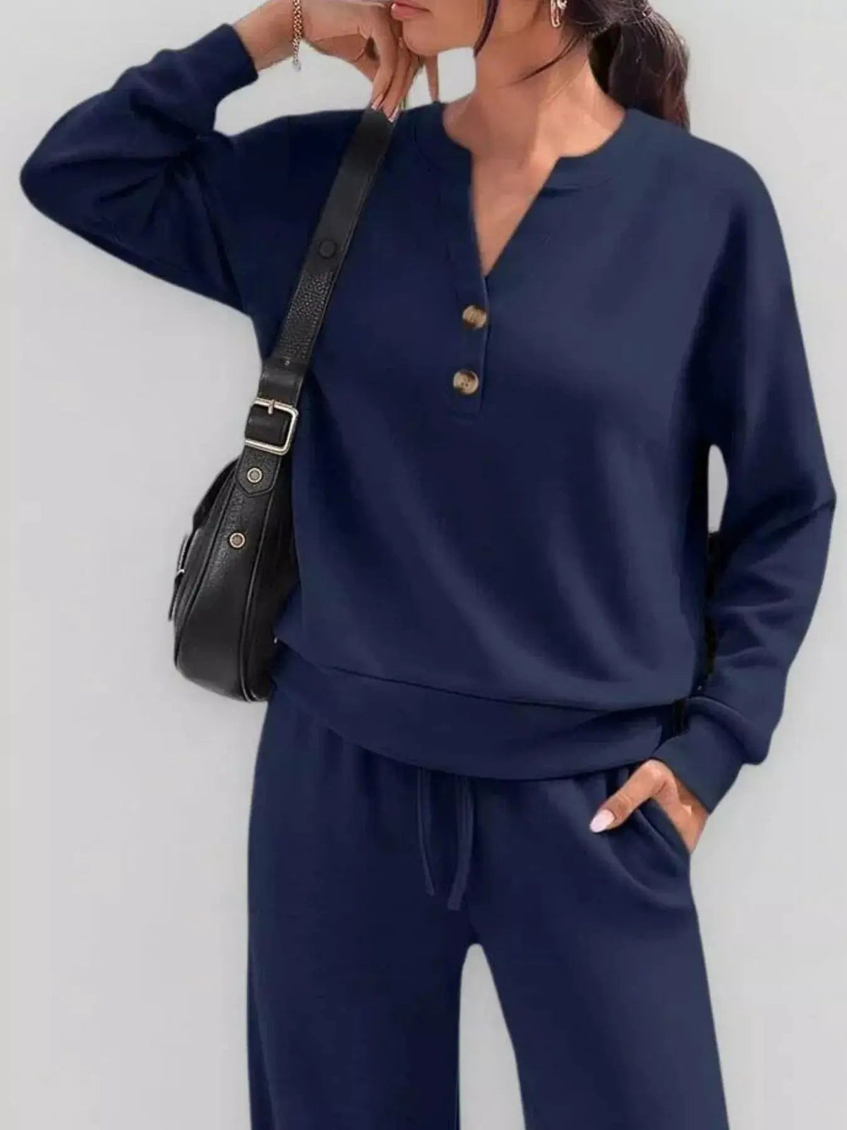 Button Detail Dropped Shoulder Top and Pants Set - Bitsy Gypsy Boutique