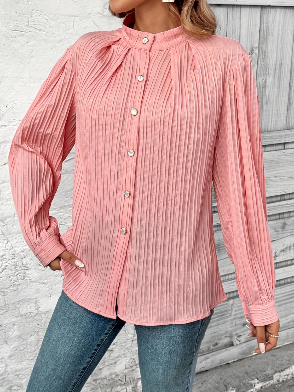 Button Down Mock Neck Long Sleeve Shirt - Bitsy Gypsy Boutique