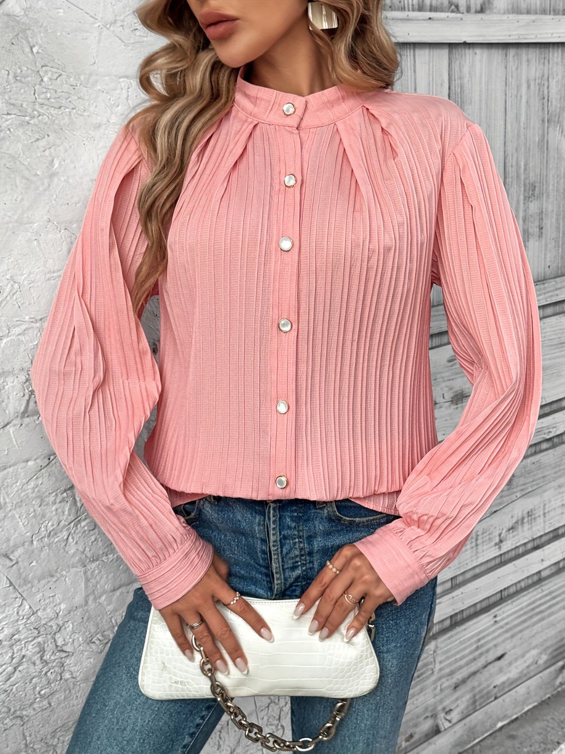 Button Down Mock Neck Long Sleeve Shirt - Bitsy Gypsy Boutique