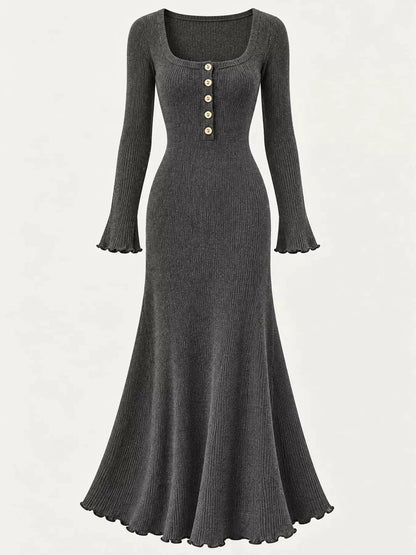 Button Front Ribbed Long Sleeve Maxi Dress - Bitsy Gypsy Boutique