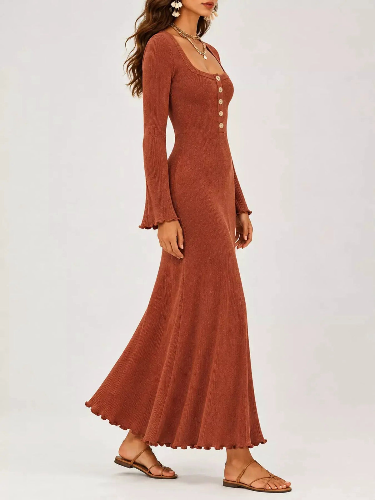 Button Front Ribbed Long Sleeve Maxi Dress - Bitsy Gypsy Boutique