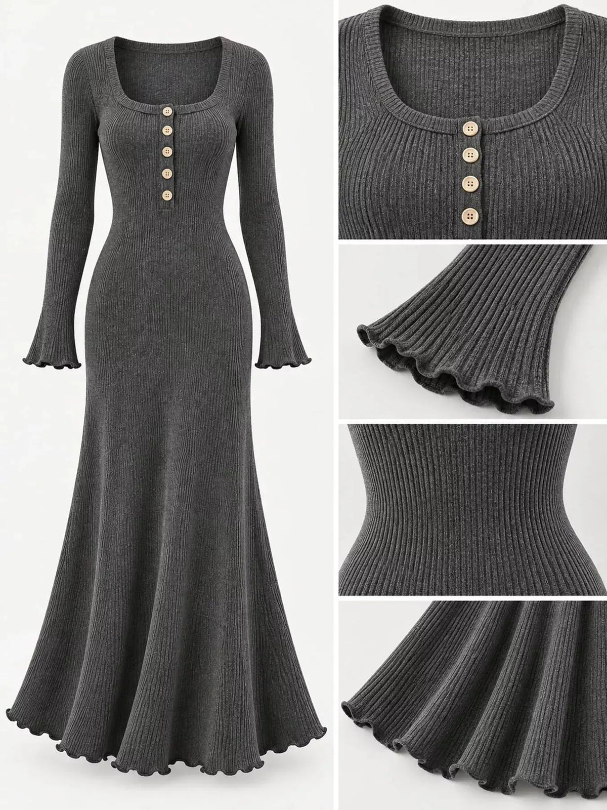 Button Front Ribbed Long Sleeve Maxi Dress - Bitsy Gypsy Boutique