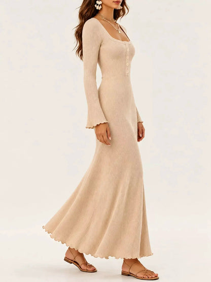 Button Front Ribbed Long Sleeve Maxi Dress - Bitsy Gypsy Boutique