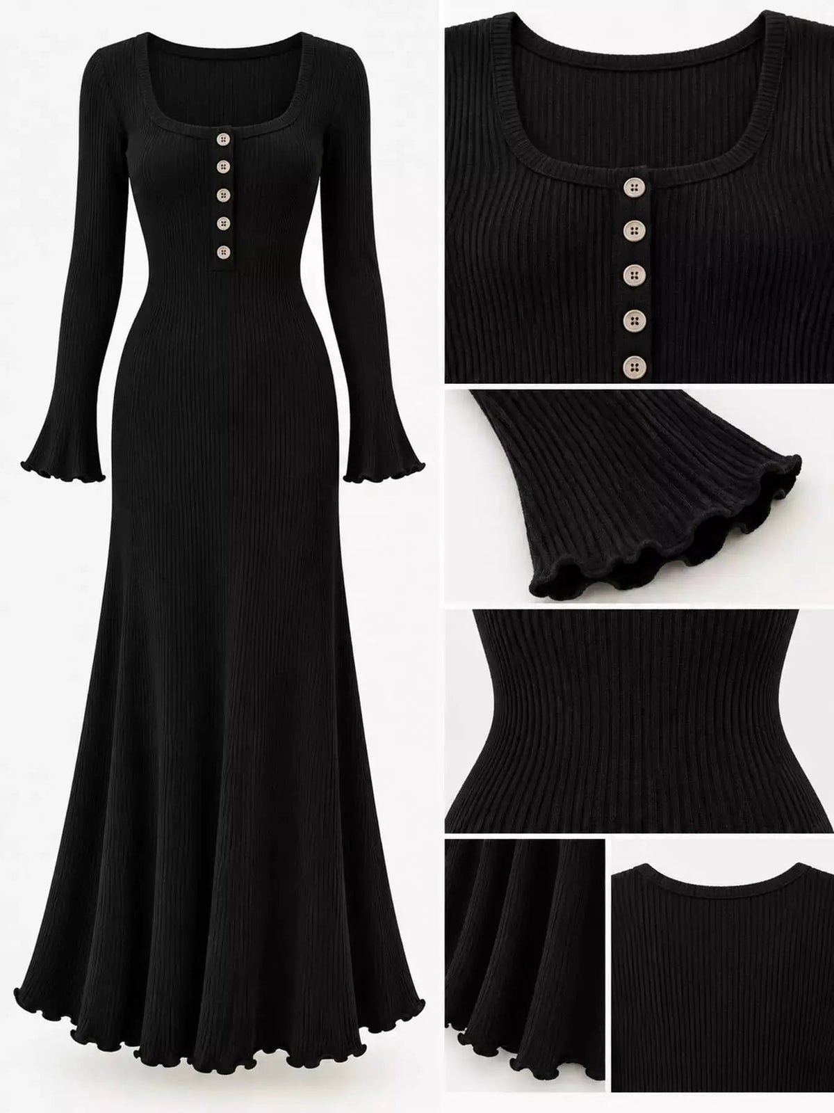 Button Front Ribbed Long Sleeve Maxi Dress - Bitsy Gypsy Boutique