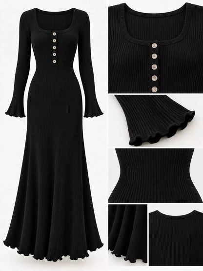 Button Front Ribbed Long Sleeve Maxi Dress - Bitsy Gypsy Boutique