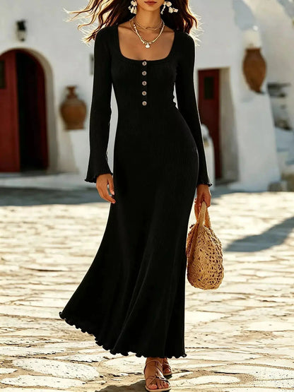 Button Front Ribbed Long Sleeve Maxi Dress - Bitsy Gypsy Boutique