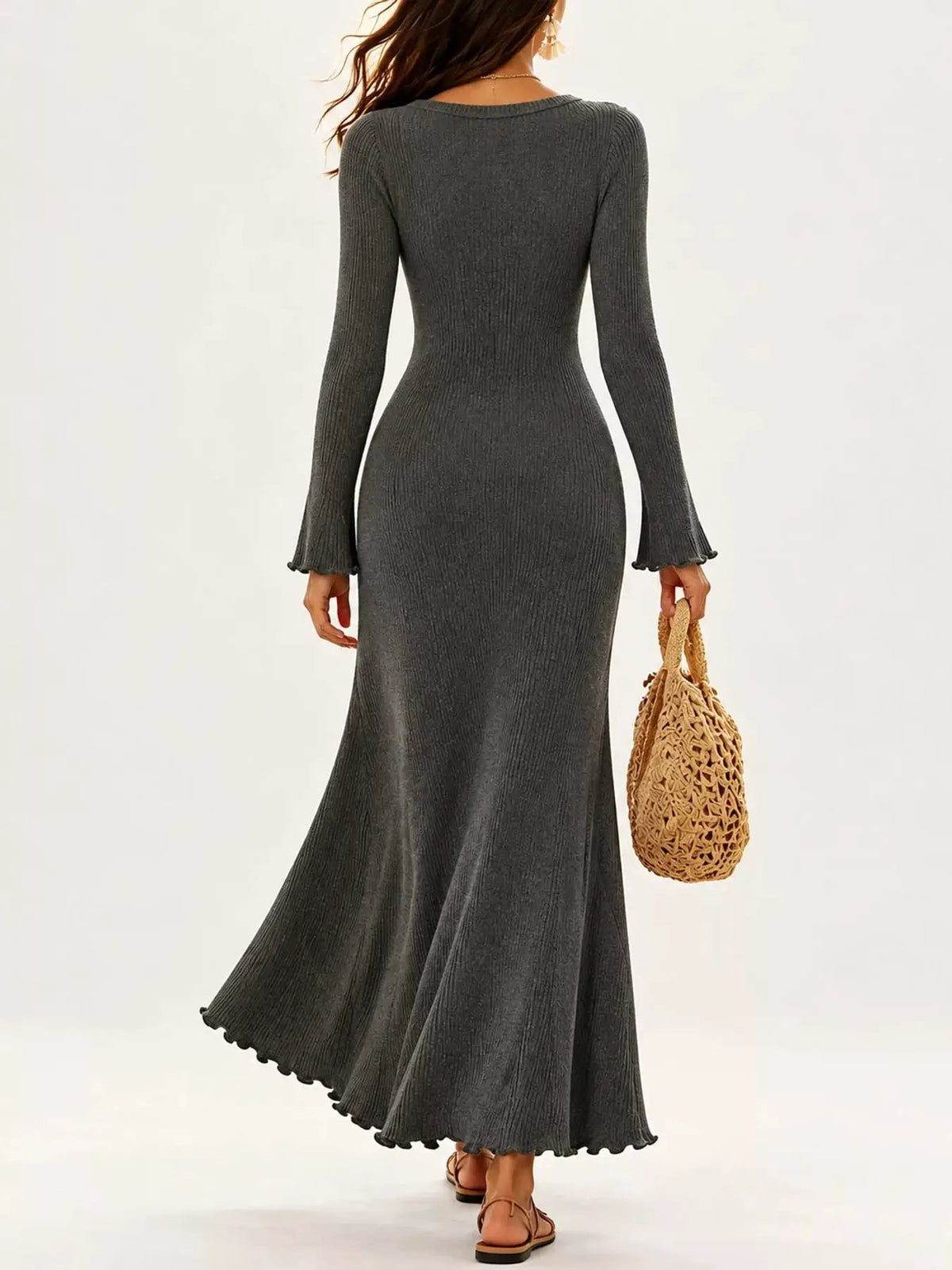 Button Front Ribbed Long Sleeve Maxi Dress - Bitsy Gypsy Boutique