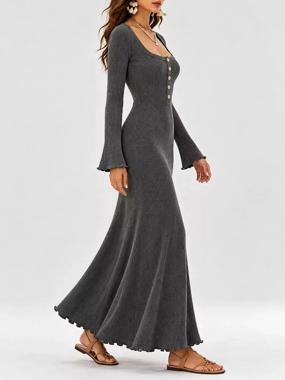 Button Front Ribbed Long Sleeve Maxi Dress - Bitsy Gypsy Boutique