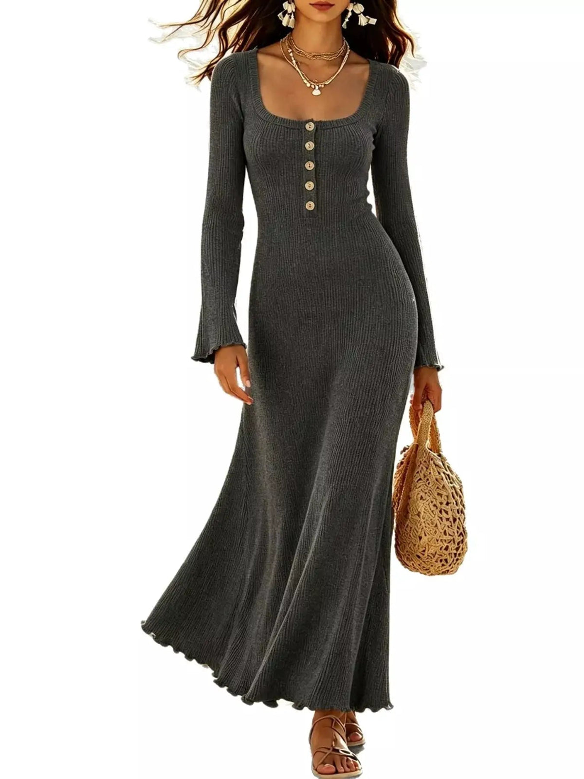 Button Front Ribbed Long Sleeve Maxi Dress - Bitsy Gypsy Boutique