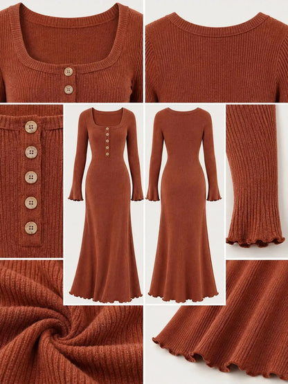 Button Front Ribbed Long Sleeve Maxi Dress - Bitsy Gypsy Boutique
