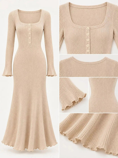 Button Front Ribbed Long Sleeve Maxi Dress - Bitsy Gypsy Boutique
