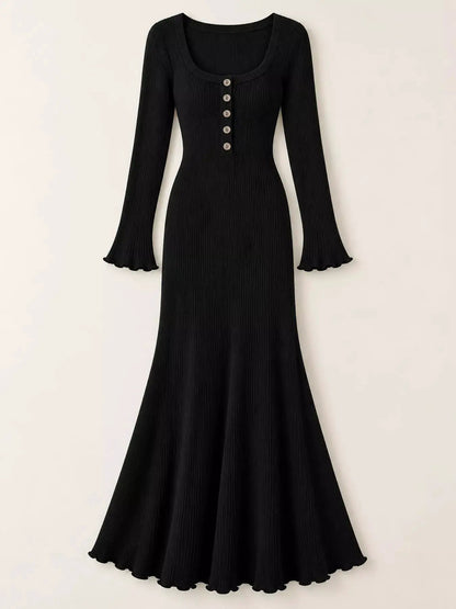 Button Front Ribbed Long Sleeve Maxi Dress - Bitsy Gypsy Boutique