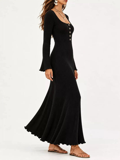 Button Front Ribbed Long Sleeve Maxi Dress - Bitsy Gypsy Boutique