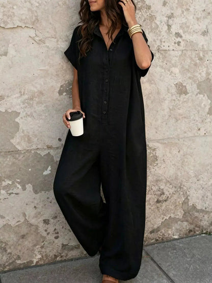 Button Front Short Sleeve Jumpsuit - Bitsy Gypsy Boutique
