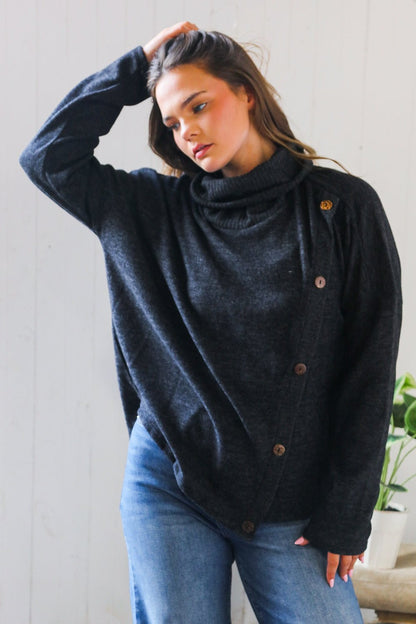 Buttoned Bliss Black Cozy Sweater - Bitsy Gypsy Boutique