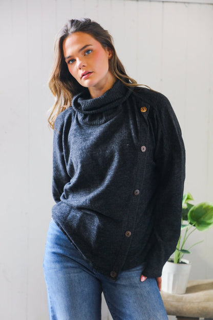 Buttoned Bliss Black Cozy Sweater - Bitsy Gypsy Boutique