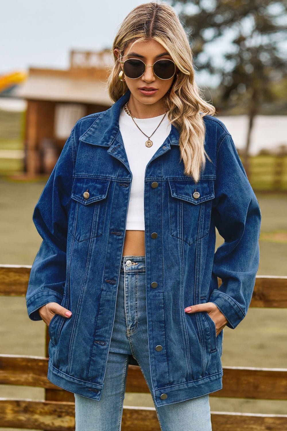 Buttoned Collared Neck Denim Jacket with Pockets - Bitsy Gypsy Boutique