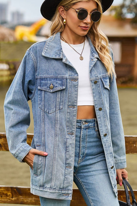 Buttoned Collared Neck Denim Jacket with Pockets - Bitsy Gypsy Boutique