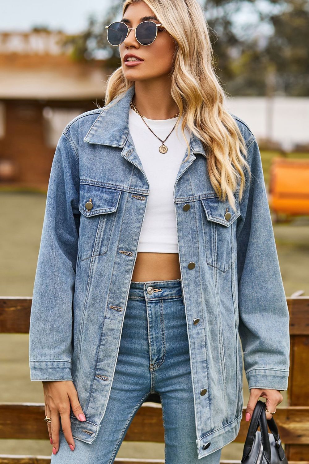 Buttoned Collared Neck Denim Jacket with Pockets - Bitsy Gypsy Boutique