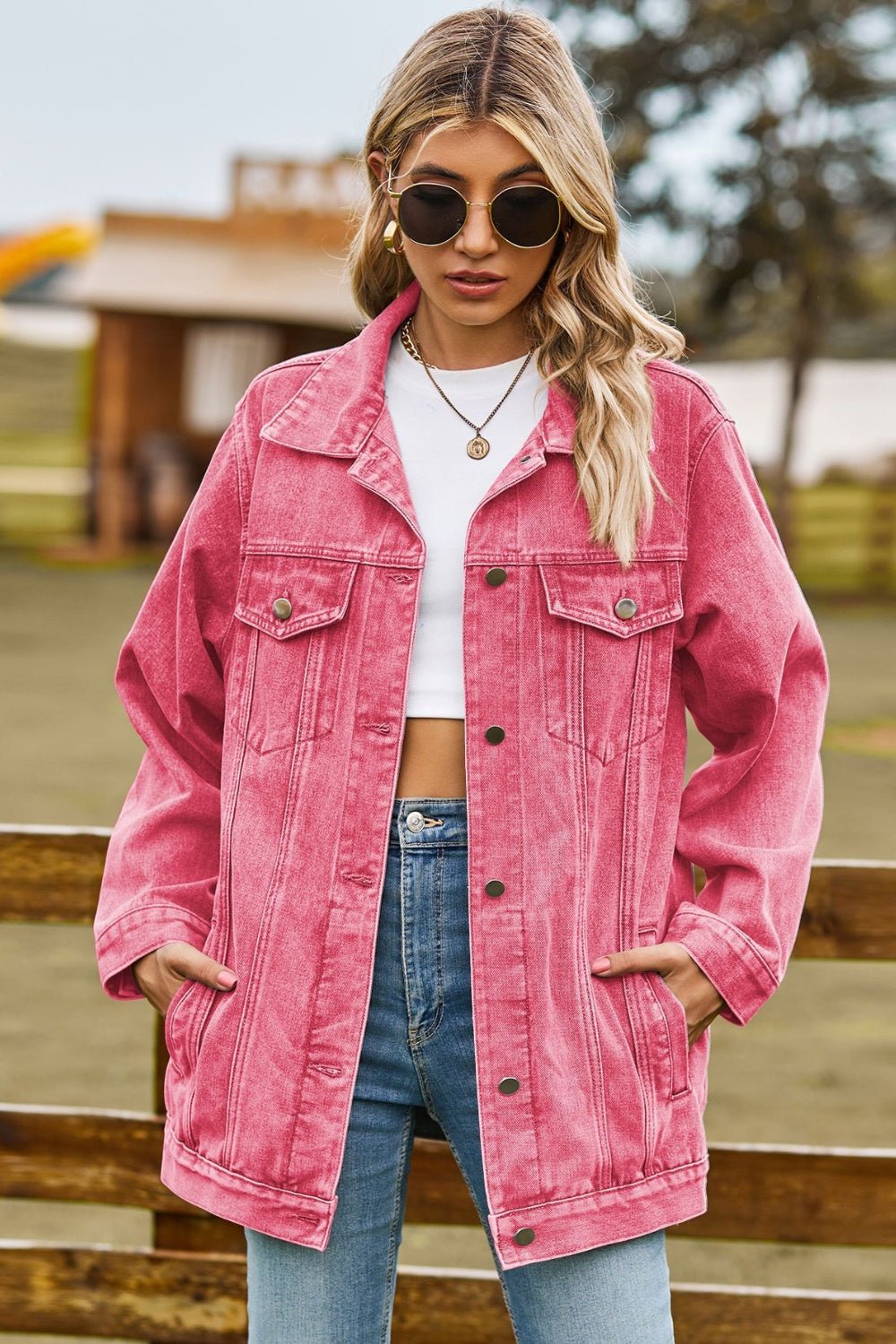 Buttoned Collared Neck Denim Jacket with Pockets - Bitsy Gypsy Boutique