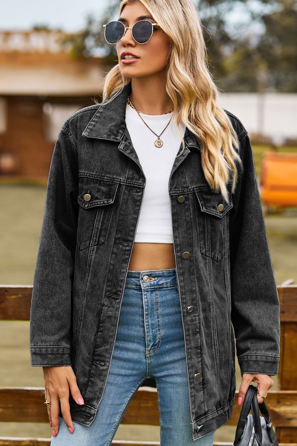 Buttoned Collared Neck Denim Jacket with Pockets - Bitsy Gypsy Boutique