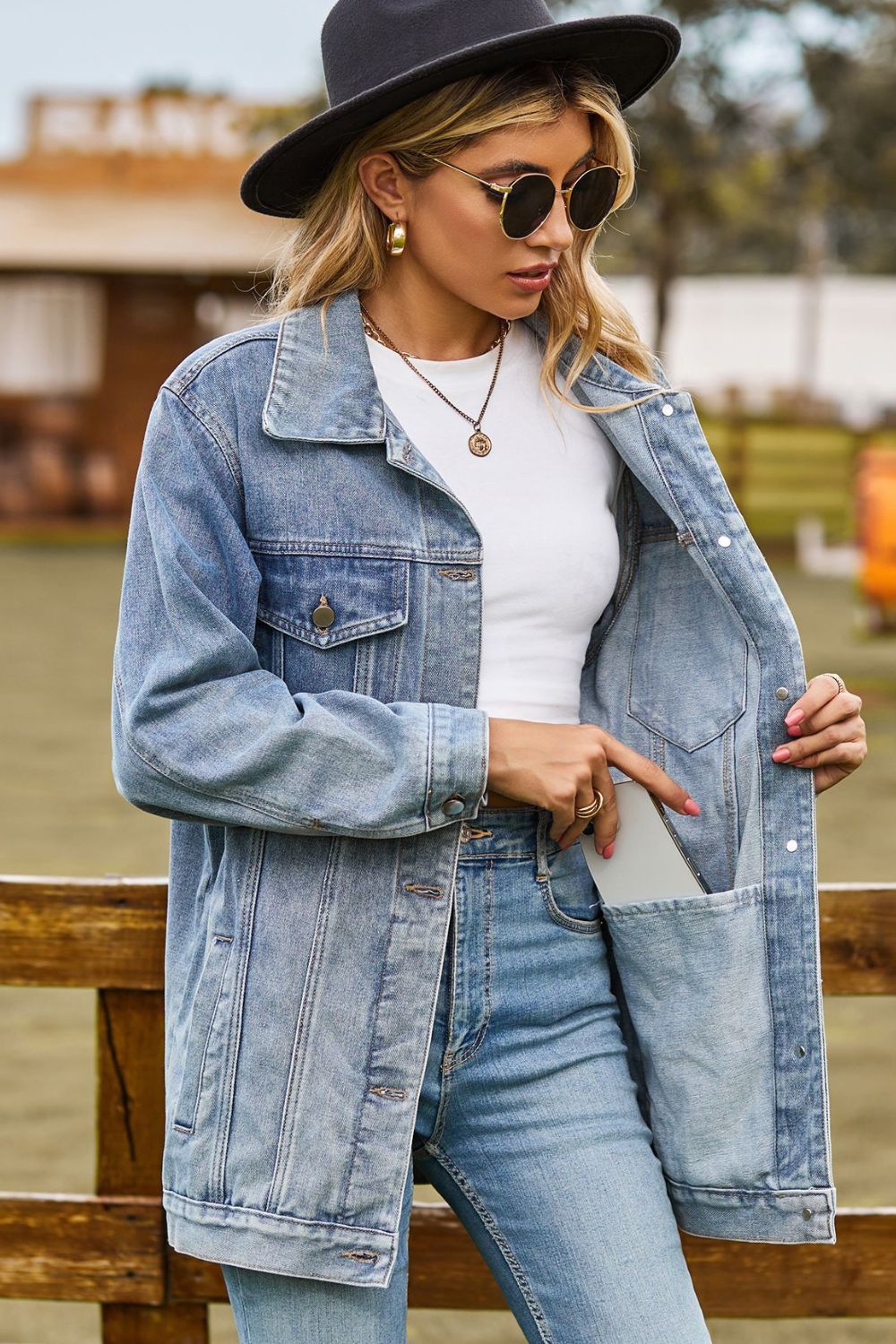 Buttoned Collared Neck Denim Jacket with Pockets - Bitsy Gypsy Boutique