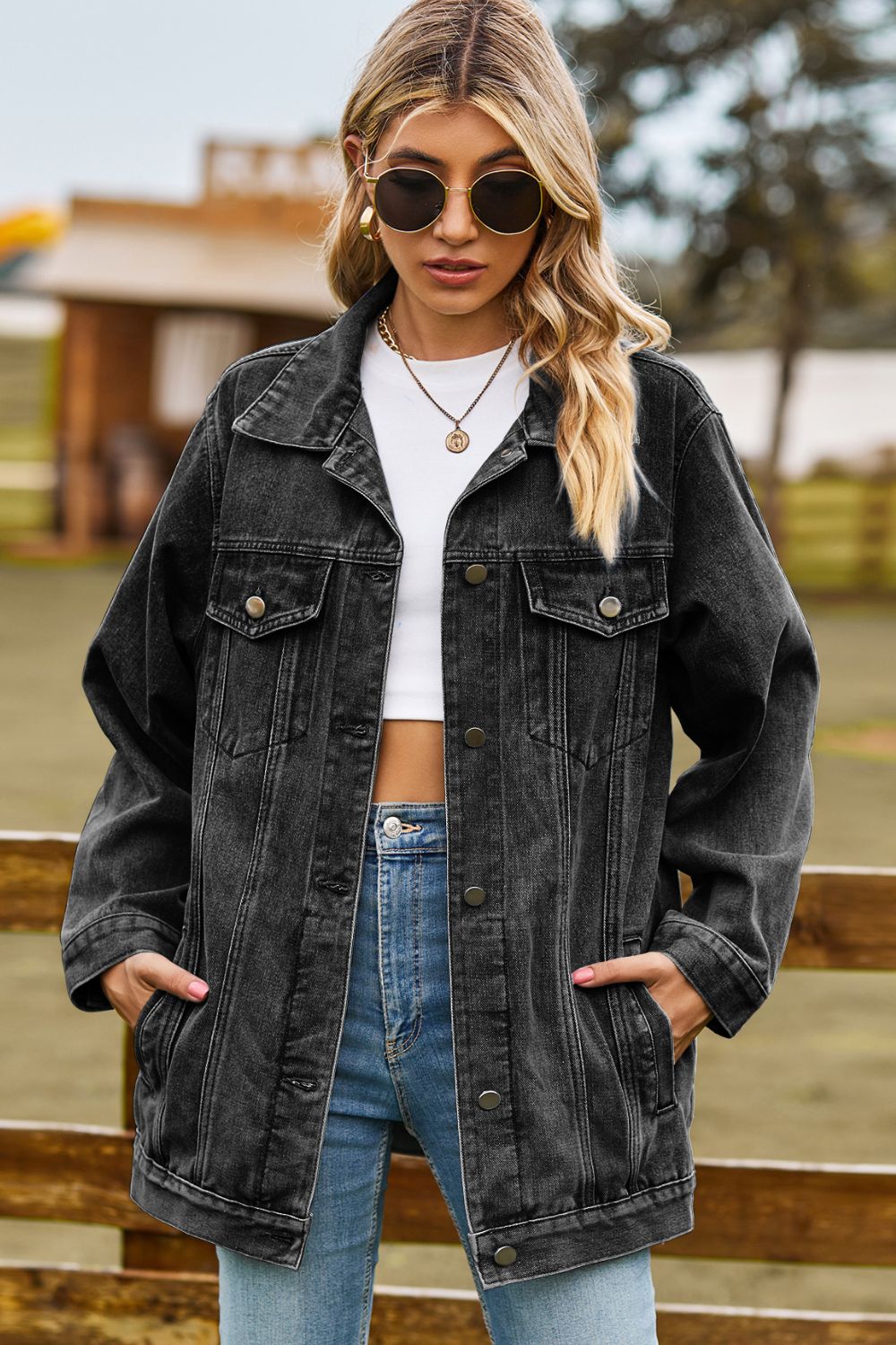 Buttoned Collared Neck Denim Jacket with Pockets - Bitsy Gypsy Boutique