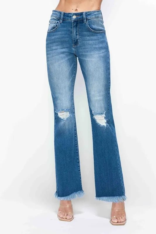 bytos Full Size Raw Hem Distressed High Rise Bootcut Jeans - Bitsy Gypsy Boutique